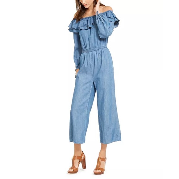 Michael Kors Pants - Michael Kors Denim Ruffle Off The Shoulder Jumpsuit